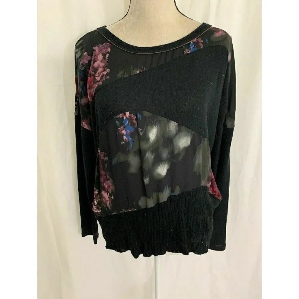 Zara WB Collection Womens Black Purple Blue Floral Long Sleeve Sweater Top Small